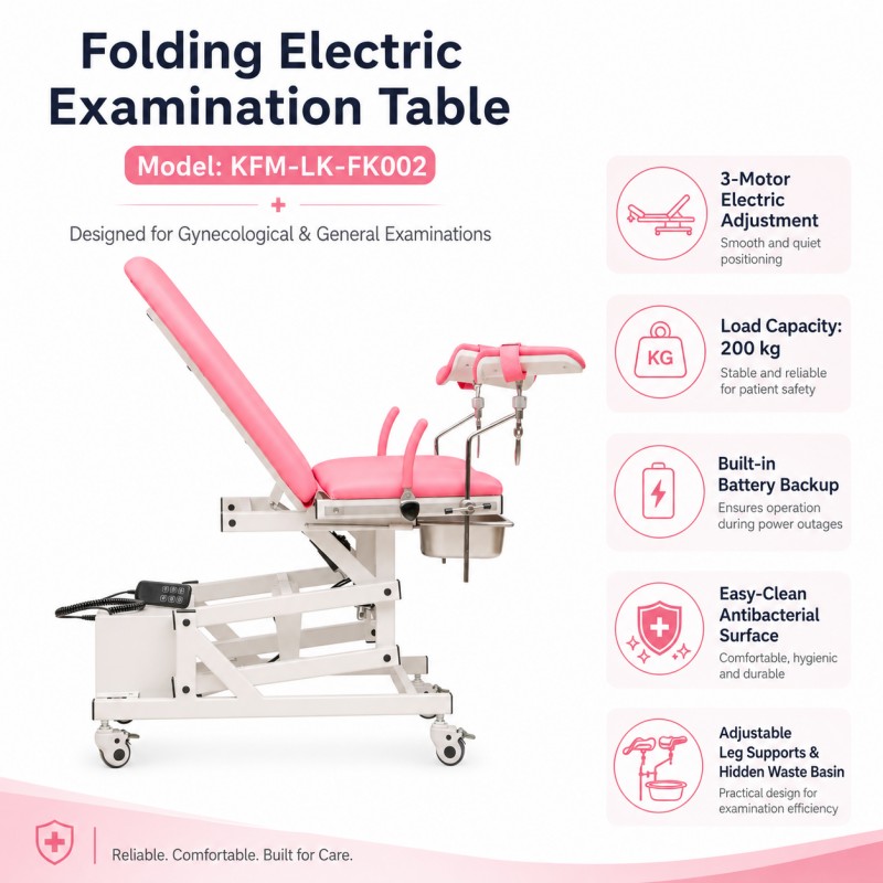 KFM-LK-FK002 folding electric medical examination table for clinics, complete set with hand controller, adjustable leg rests, pull-out basin, built-in battery, CE and ISO13485 certified