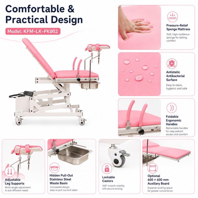 KFM-LK-FK002 gynecological examination chair with adjustable leg supports, foldable ergonomic handles, hand controller, pull-out stainless steel waste basin, built-in battery