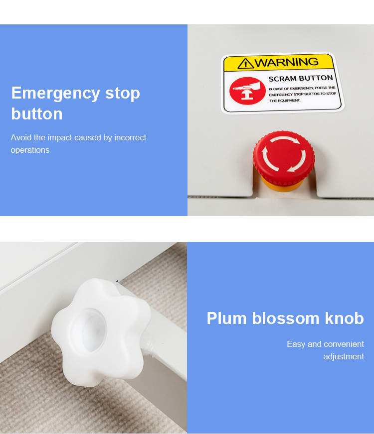Кнопка экстренной остановки и регулировочный винт в форме цветка — безопасность и удобное управление