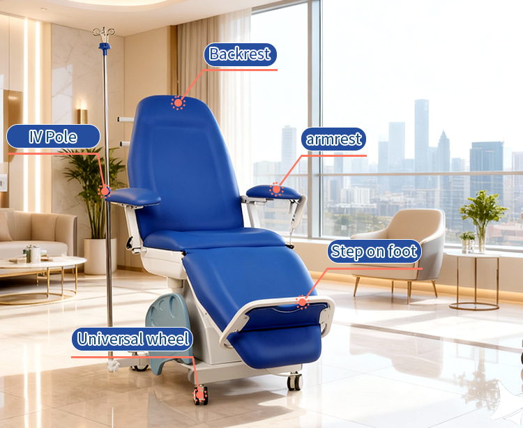 Конструкция кресла KFM-TXY405 с подлокотниками, подставкой для ног, капельницей и универсальными колесами