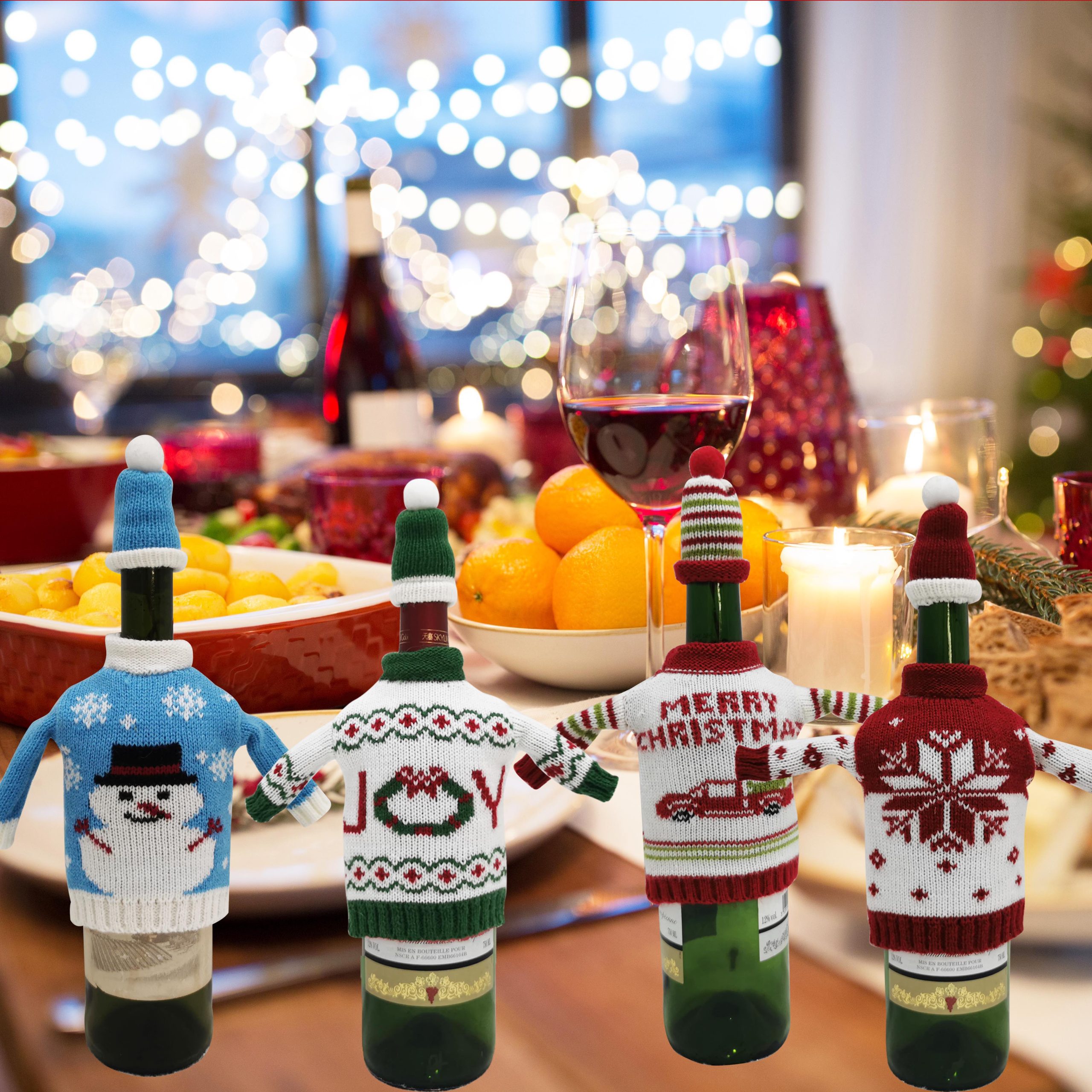 Рождество Новый год Внутреннее украшение рабочего стола Украшение крышки бутылки вина Вязаная ткань Праздничное украшение