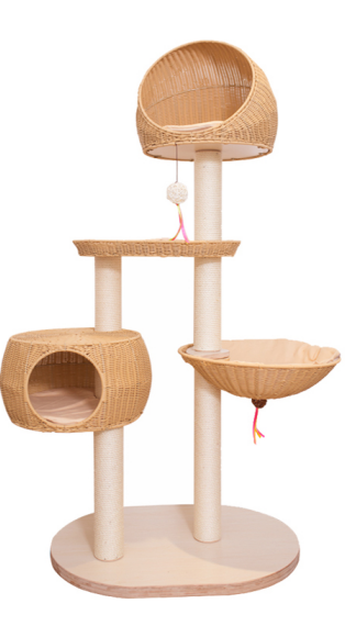 Manual multi-level cat tower made of polypropylene rope with scratching posts,