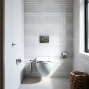 close-up of wall-hung toilet with no base touching the floor, cleaning robot passing underneath, clean white tiles, sanitary and sleek
