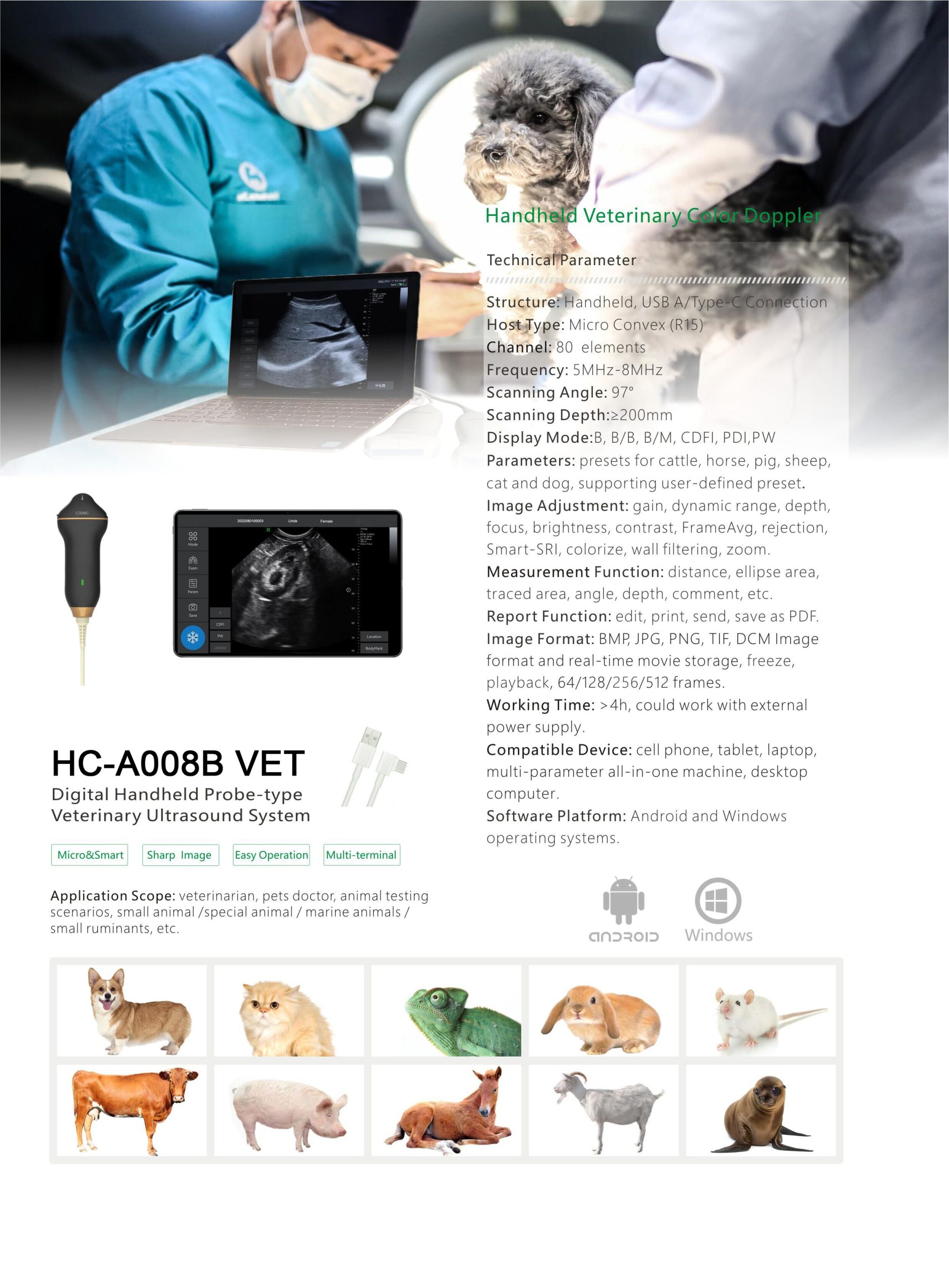 HC-A008B Высококачественный портативный ультразвуковой сканер VET, микроконвексный зонд, беспроводное ультразвуковое устройство для ветеринарного использования
