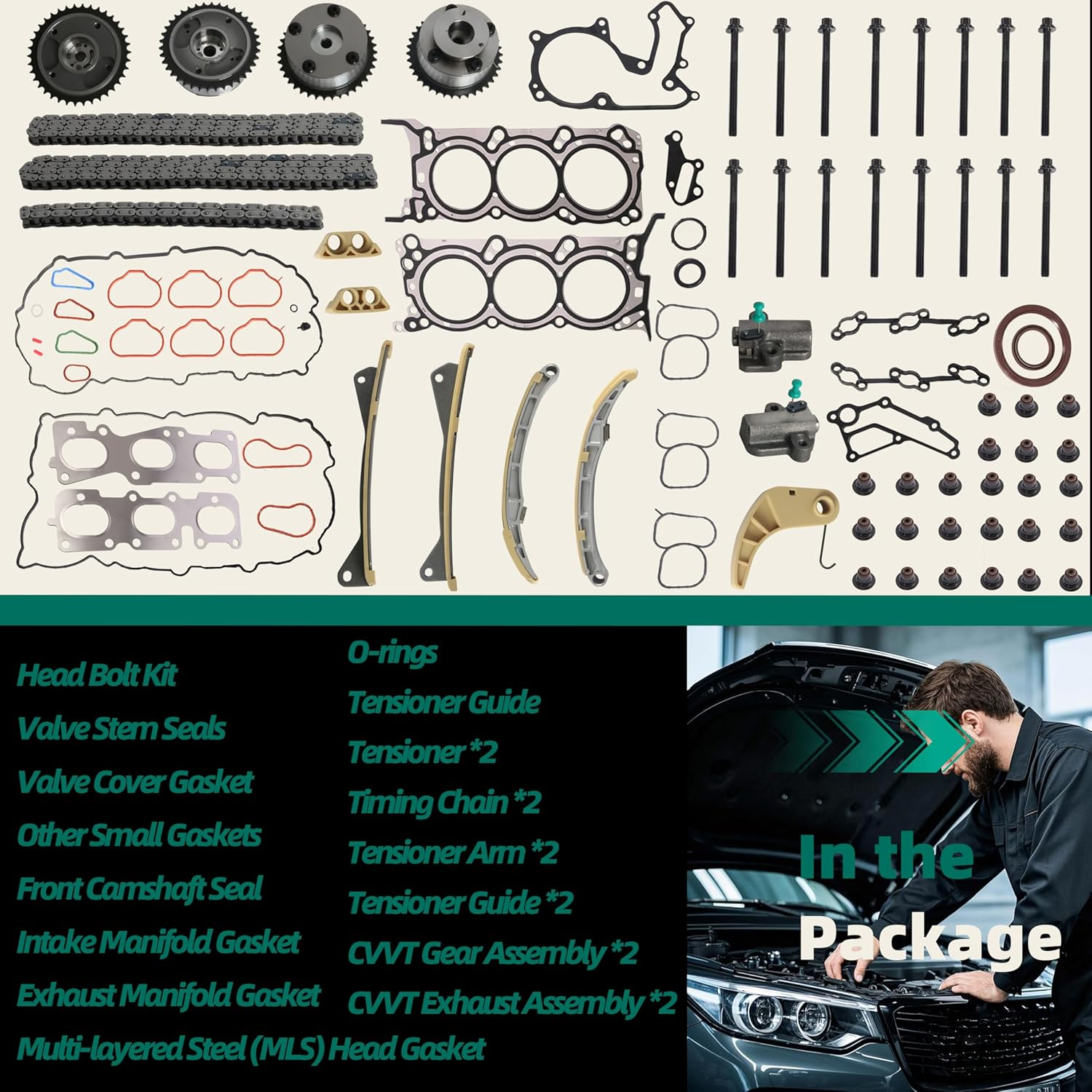 3.3L набор канатной цепи для прокладки головы с VVT передач подходит для Kia Sedona/Sorento/Cadenza 3.3L 2014-2020, подходит для Hyundai Azera/Santa Fe 3.3 2013-2019 223113CGA0 243703CGA0