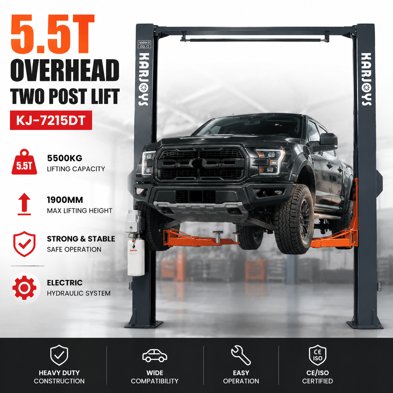 KJ-7215DT Тяжелый Двухстоечный Гидравлический Автоподъемник 5.5 Тонн Для Грузовиков И Внедорожников Верхнесимметричный С Высотой Подъема 1900 Мм Сертификат CE
