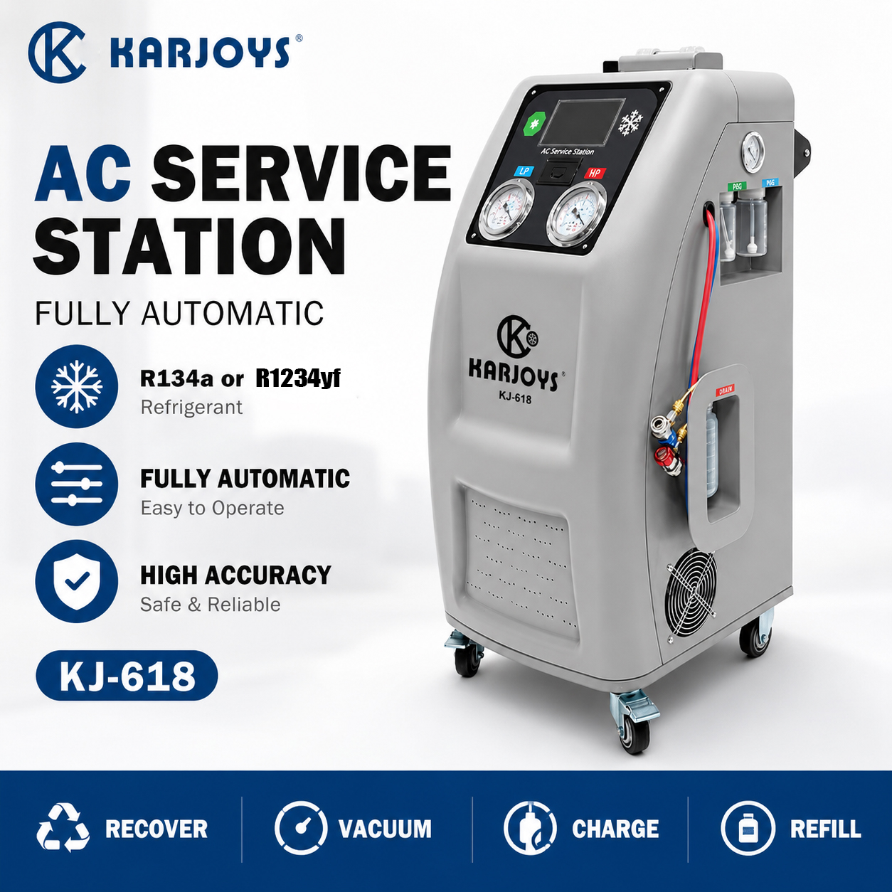 Karjoys KJ-618 автоматическая станция для обслуживания автокондиционеров поддержка хладагентов R134a и R1234yf вакуумный насос 120 л/мин сенсорный экран CE
