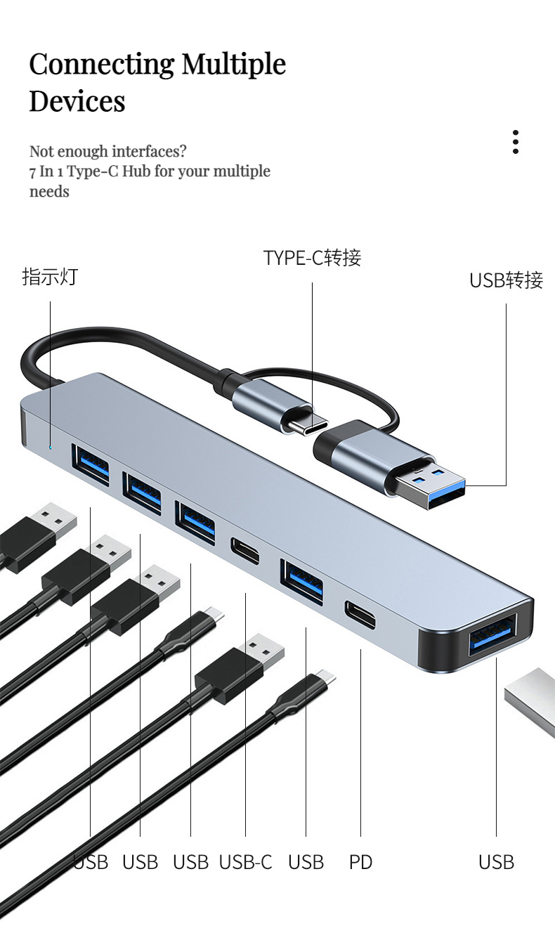 7-в-1/8-в-1 Док-станция с портами Type-C и HDMI 4K, гигабитным Ethernet, USB 3.0, алюминиевым корпусом (USB-концентратор для ноутбука)