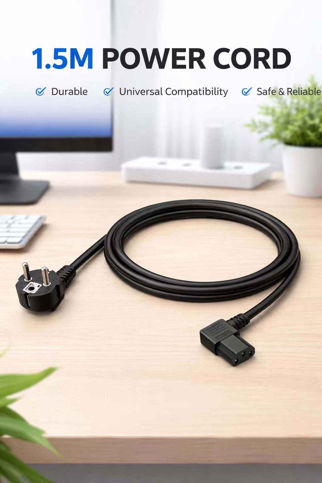 Пользовательский трехконтактный угловой сетевой шнур стандарта EU, разъем и кабель электропитания с токопроводящими жилами из CCA (алюминиево-медного сплава