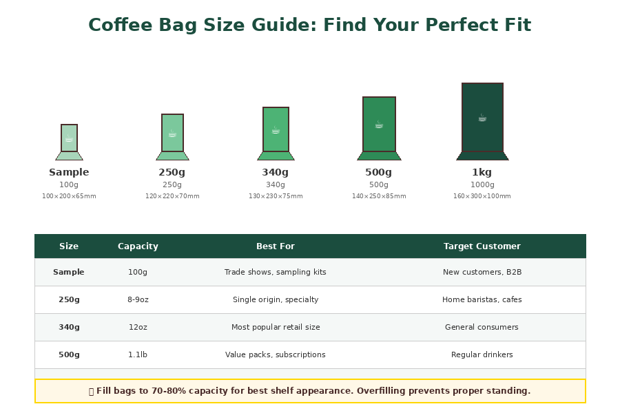 Рисунок 3: Размеры пакетов для кофе — от образцов до оптовых