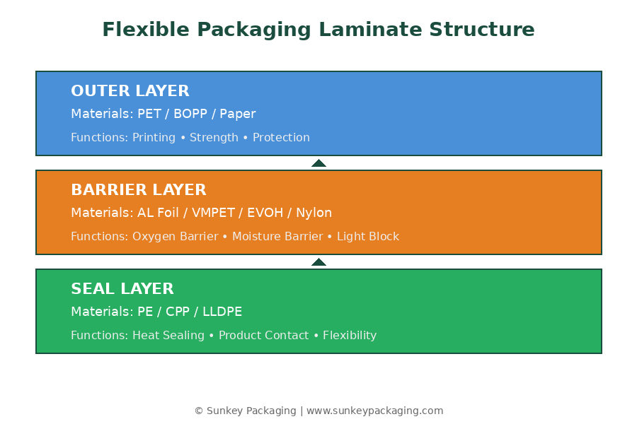 Рисунок 1: Трёхслойная структура ламината — внешний, барьерный и термосварочный слои