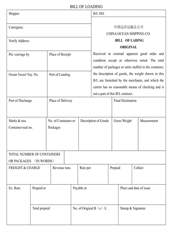 sample of bill lading