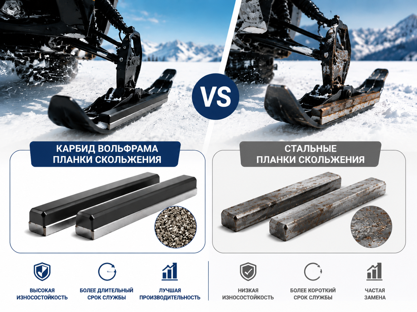 Износные планки для снегоходов из карбида вольфрама против стальных: какой вариант эффективнее?