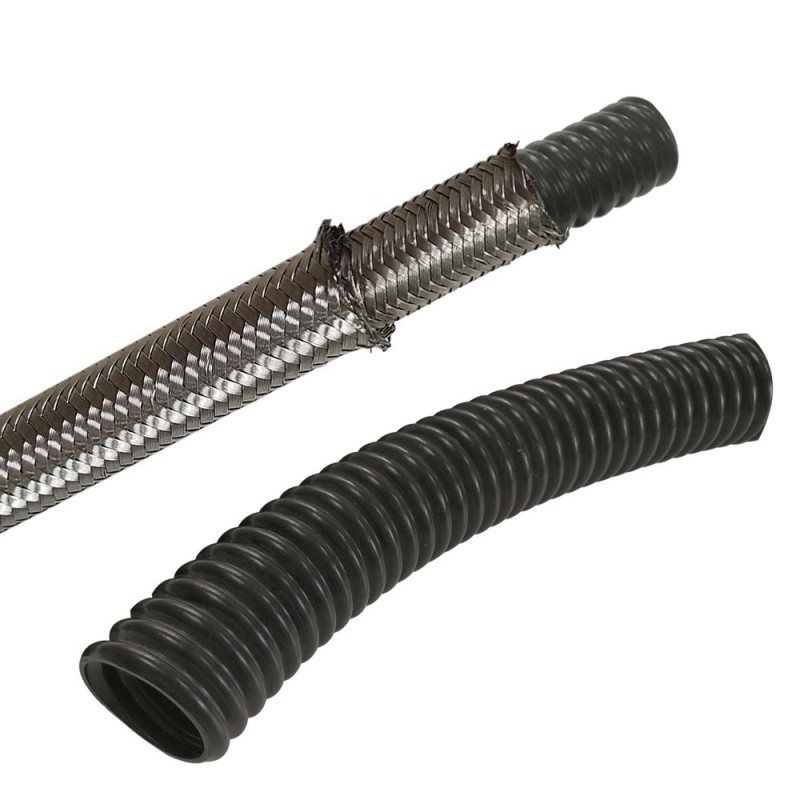 Гибкая антистатическая проводящая гофрированная трубка из ПТФЭ с оплеткой из нержавеющей стали 304.