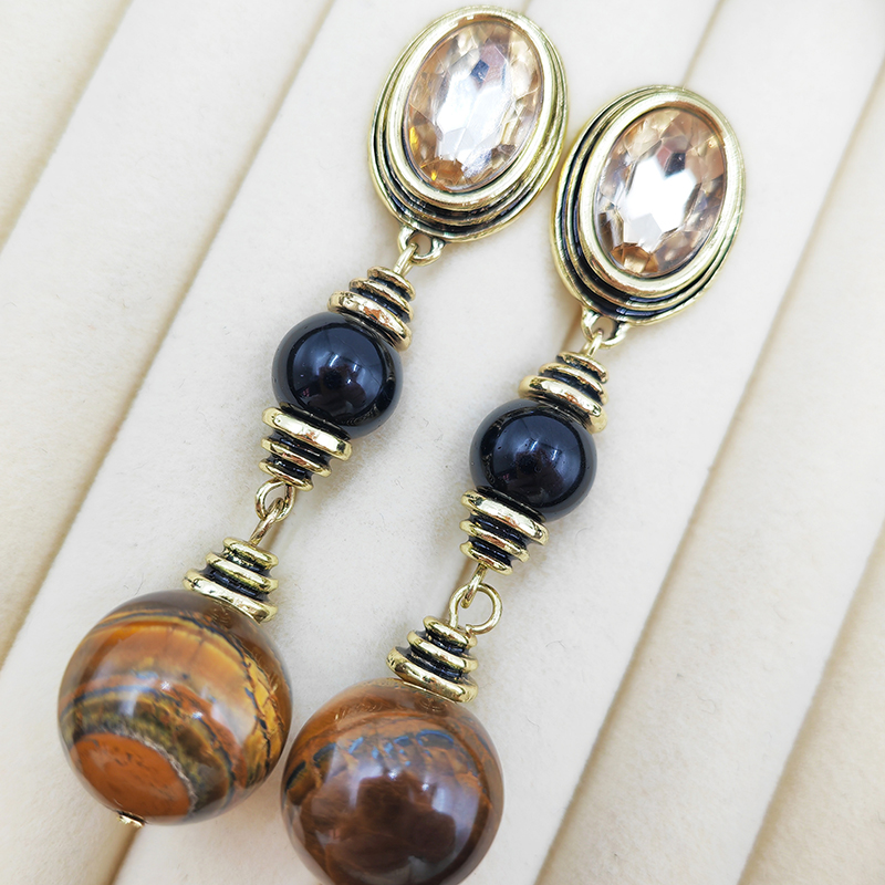 Винтажные серьги с тигровым глазом и шампанским кристаллом
