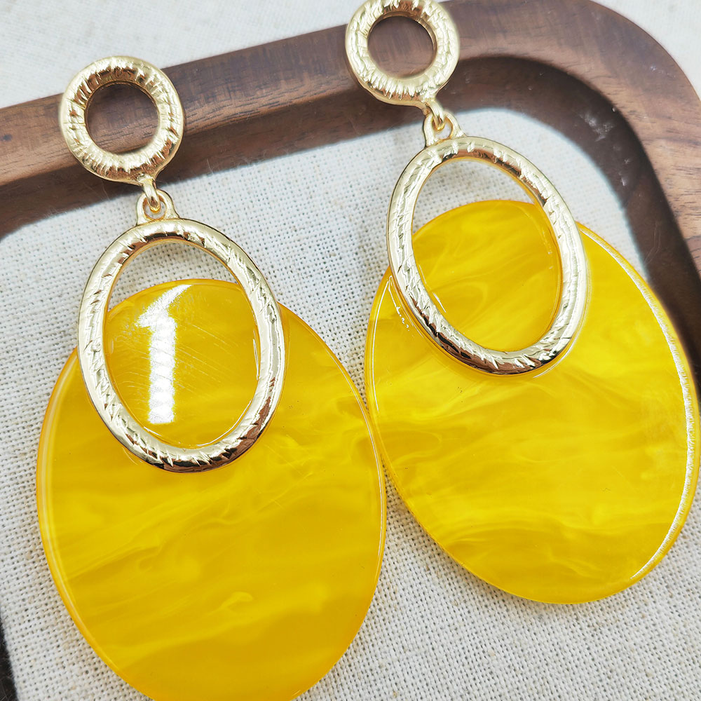 Ярко-желтые серьги-гвоздики с двойным кольцом из смолы｜Весенняя энергия Стиль Новые поступления
