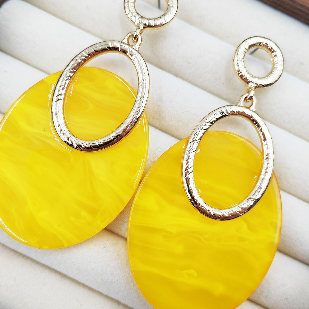 Ярко-желтые серьги-гвоздики с двойным кольцом из смолы｜Весенняя энергия Стиль Новые поступления