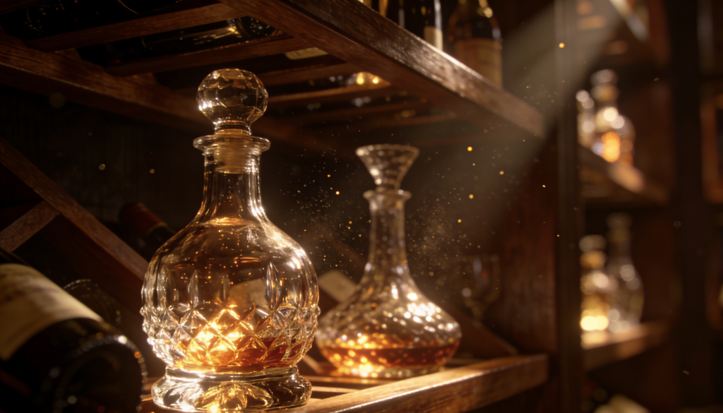 Роскошный винный погреб с коллекционными бутылками из хрустального стекла завода Shandong Yuncheng Zhenghua: элегантная подача, игра света на гранях и атмосфера исключительного премиум-класса.