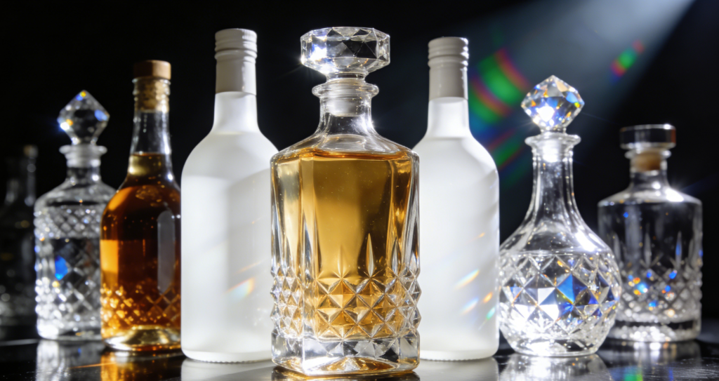 Ряд элитных бутылок из высокобелого и хрустального стекла от производителя Zhenghua: идеальная прозрачность, отсутствие примесей и алмазное сияние под студийным светом, демонстрирующие высочайшее качество материала.