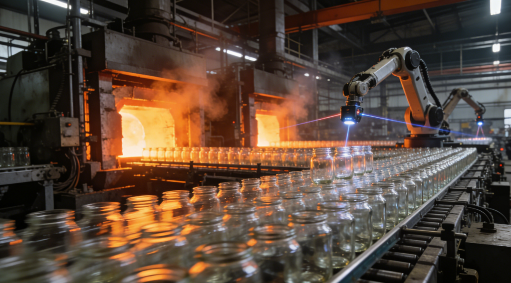 Автоматизированная производственная линия завода Shandong Yuncheng Zhenghua:массовое производство и контроль качества тысяч стеклянных банок оптом на современном оборудовании.