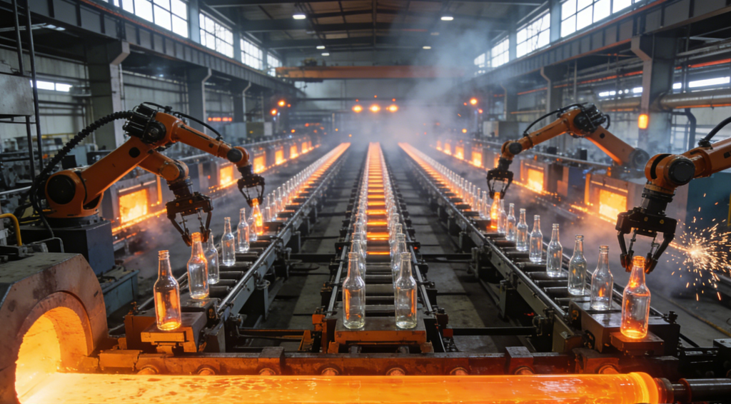 Современный стеклянный завод ООО Шаньдун Юньчэн Чжэнхуа: 7 автоматических линий производства, печь с расплавленным стеклом и роботизированные манипуляторы, изготавливающие высококачественные стеклянные бутылки и банки оптом.