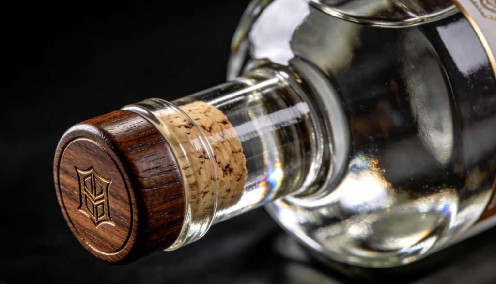 Крупный план премиальной стеклянной бутылки с натуральной пробкой от производителя Zhenghua: идеальная герметичность и элегантный дизайн для элитных напитков и масел.