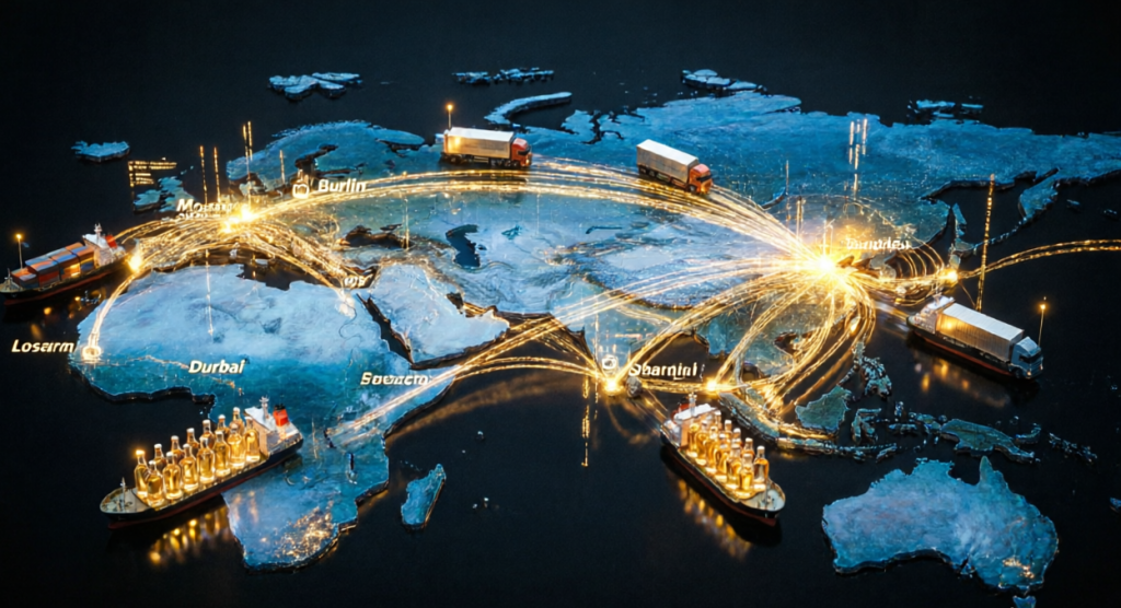 Карта глобальной логистики завода Zhenghua: светящиеся маршруты поставок стеклянной тары из Китая в Россию и другие страны мира, символизирующие надежную международную доставку и работу с основными странами покупателя.