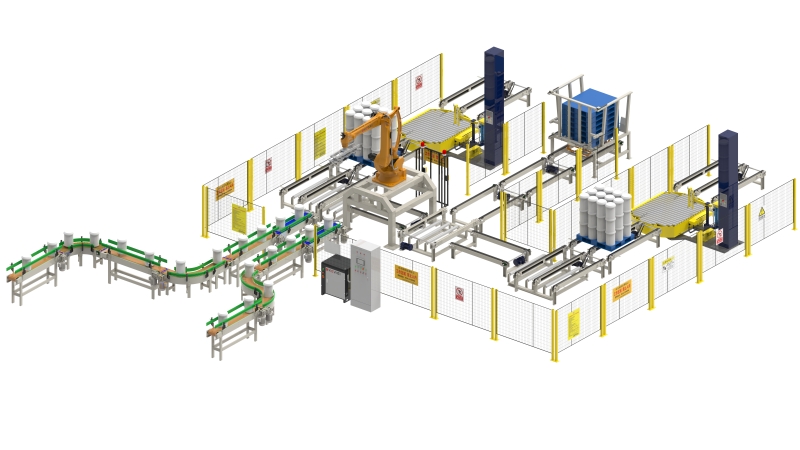 Línea de producción de paletización de productos de cubo