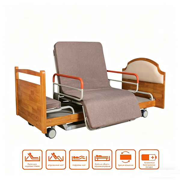 Электрическая лечебная кровать с поворотом на 90°, подъемом спины/коленей и регулировкой высоты.
