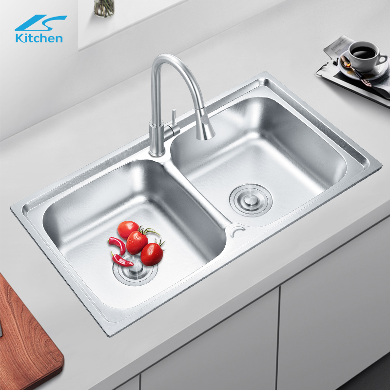 Двухсекционная углубленная кухонная мойка из нержавеющей стали LS-7843B для мытья и приготовления овощей под столешницей