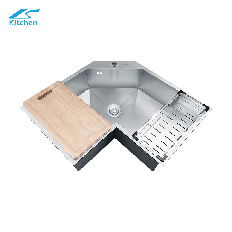 Кухонная раковина ручной работы L-образной формы из серебристого матового стекла LS-7848SHB-S с одним отверстием для крана