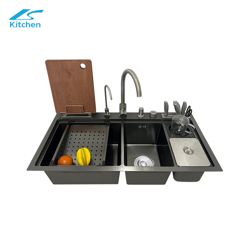 Черная раковина из нержавеющей стали King Kong LS-8845HDBE с двойным баком для мытья и приготовления пищи