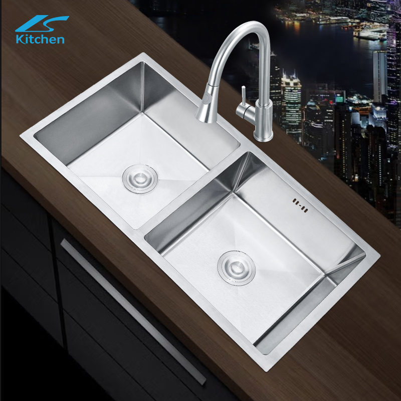 Серебряная матовая кухонная раковина в современном стиле LS-MC8744SIL с двойной раковиной из нержавеющей стали