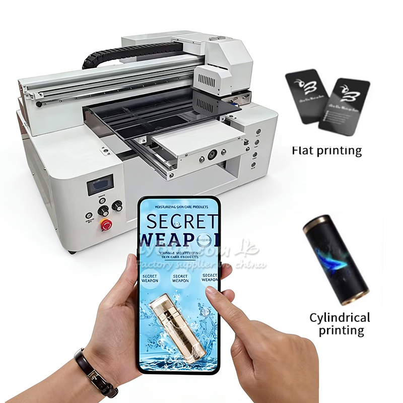 УФ-принтер LY 5060 с двумя печатающими головками, индивидуальный размер печати 500 × 600 мм, цветовая гамма CMYK, одновременная печать белым и цветным чернилами + УФ-лакирование, ламинатор для кристаллических этикеток-UV1033