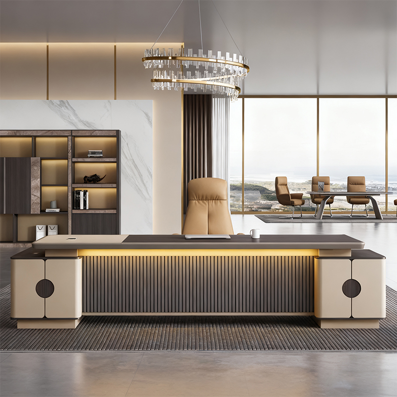 Китай самый луЧший стол босса завод，Современный стол руководителя класса люкс в стиле минимализма, высококлассный офисный стол для менеджера/генерального директора с интеллектуальным освещением и фоновой комбинацией шкафов.завод Поставщик - ООО компания Гуанчжоу Мэйи Мебель