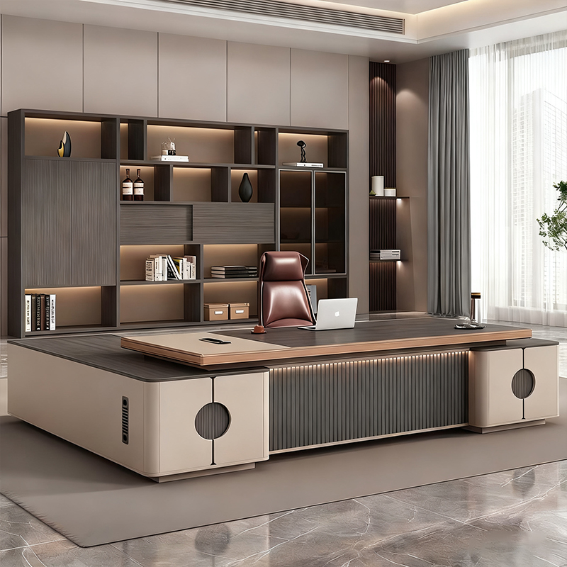 Китай самый луЧший стол босса завод，Современный стол руководителя класса люкс в стиле минимализма, высококлассный офисный стол для менеджера/генерального директора с интеллектуальным освещением и фоновой комбинацией шкафов.завод Поставщик - ООО компания Гуанчжоу Мэйи Мебель