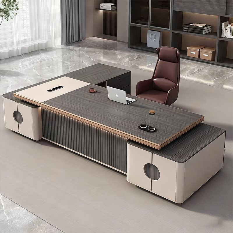 Китай самый луЧший стол босса завод，Современный стол руководителя класса люкс в стиле минимализма, высококлассный офисный стол для менеджера/генерального директора с интеллектуальным освещением и фоновой комбинацией шкафов.завод Поставщик - ООО компания Гуанчжоу Мэйи Мебель
