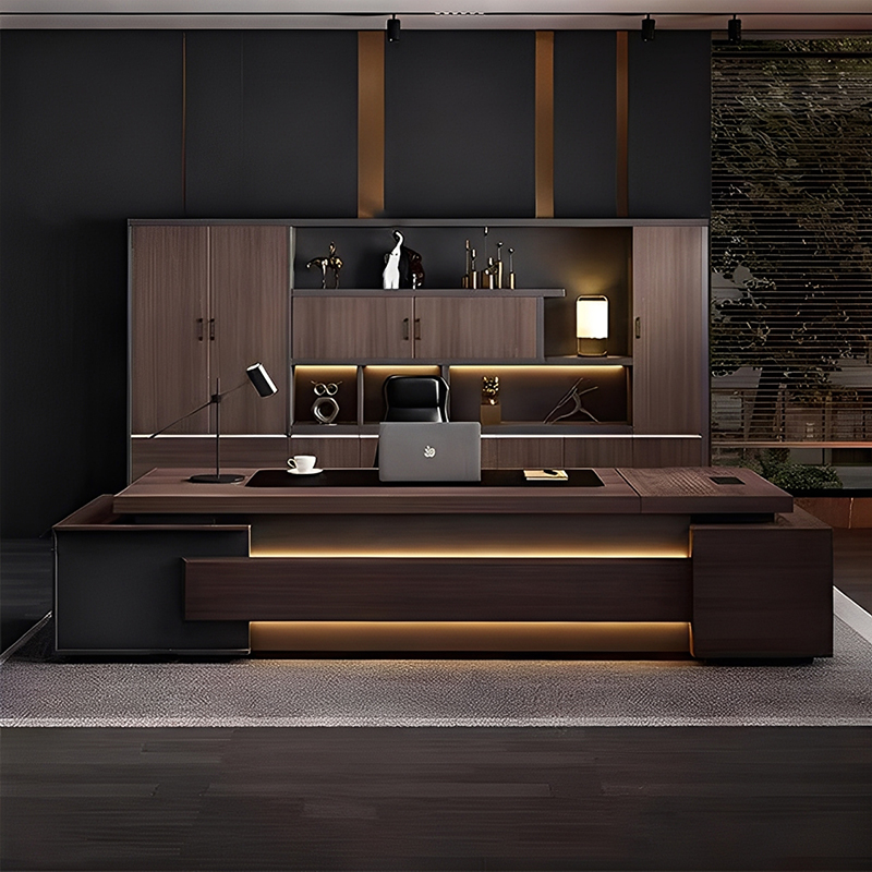 Китай самый луЧший стол босса завод，Современный, сдержанный, роскошный стол руководителя Г-образной формы, офисный стол менеджера/генерального директора, высококачественный многофункциональный офисный стол и комплект стульев со встроенной подсветкой.завод Поставщик - ООО компания Гуанчжоу Мэйи Мебель