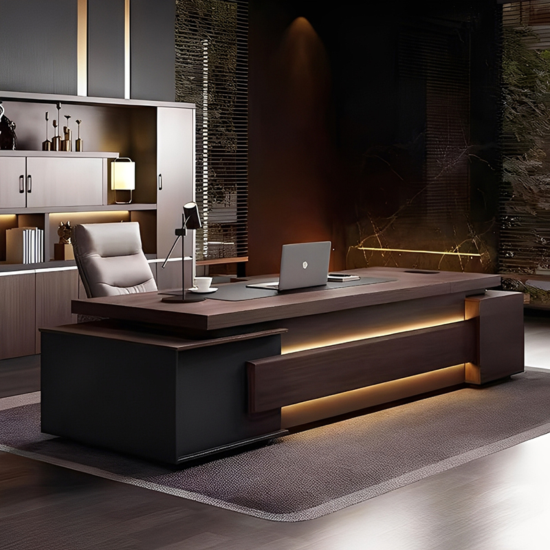 Китай самый луЧший стол босса завод，Современный, сдержанный, роскошный стол руководителя Г-образной формы, офисный стол менеджера/генерального директора, высококачественный многофункциональный офисный стол и комплект стульев со встроенной подсветкой.завод Поставщик - ООО компания Гуанчжоу Мэйи Мебель