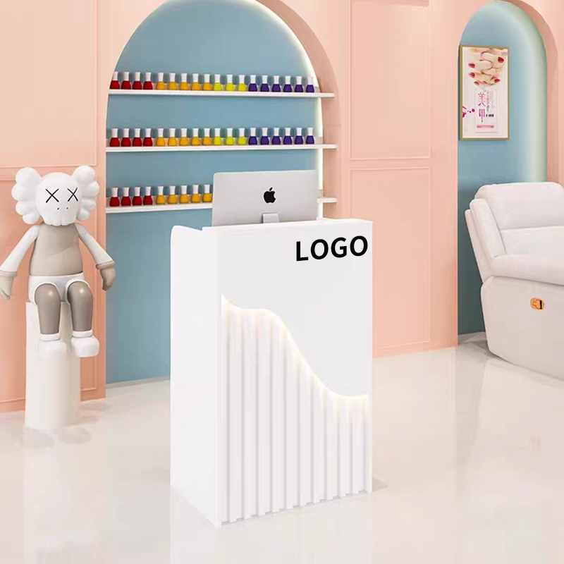 Офисная мебель для ресепшена，Небольшая, минималистская стойка регистрации, деревянный столик из МДФ, мини-стойка регистрации с дизайнерской подсветкой.