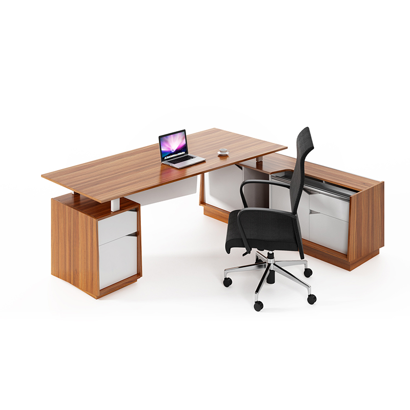 Современный офисный стол и стул с текстурой дерева, минималистичный L-образный рабочий комплект для менеджеров и руководителей.