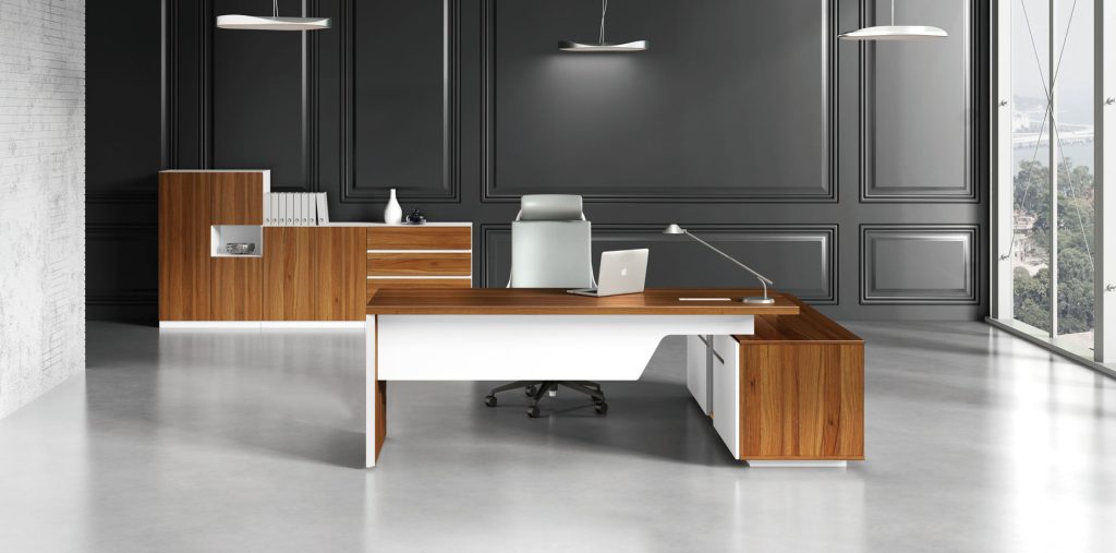 Китай Современный офисный стол и стул с текстурой дерева, минималистичный L-образный рабочий комплект для менеджеров и руководителей.завод Поставщик - ООО компания Гуанчжоу Мэйи Мебель