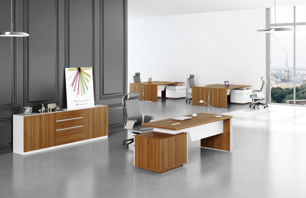 Китай Современный офисный стол и стул с текстурой дерева, минималистичный L-образный рабочий комплект для менеджеров и руководителей.завод Поставщик - ООО компания Гуанчжоу Мэйи Мебель