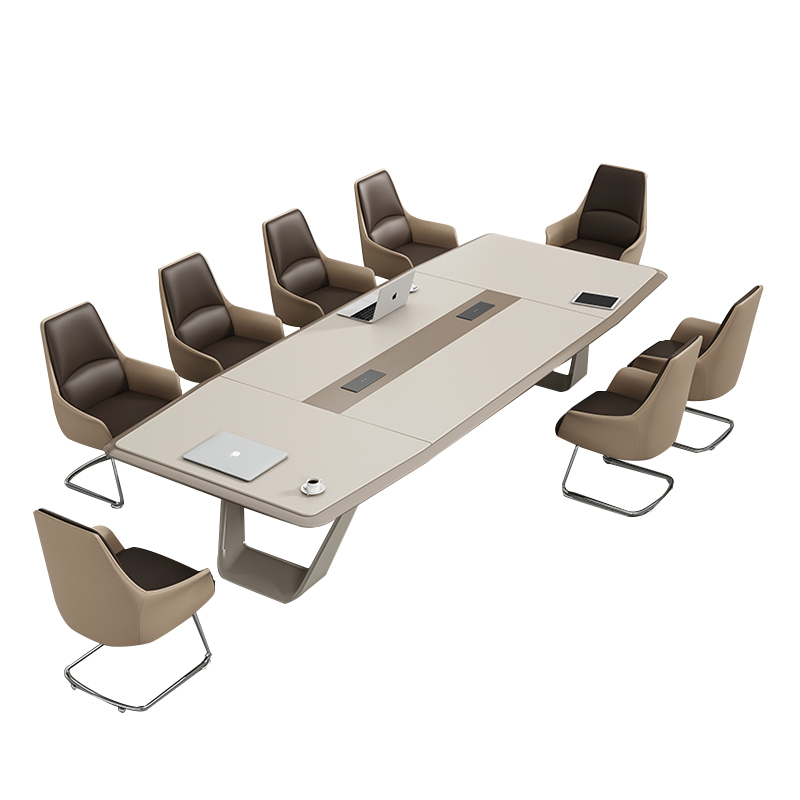 Китай Современный минималистичный конференц-стол на десять человек, со встроенными розетками, изготовлен из ДСП/многослойной древесно-стружечной плиты и предназначен для офисных конференц-залов.завод Поставщик - ООО компания Гуанчжоу Мэйи Мебель