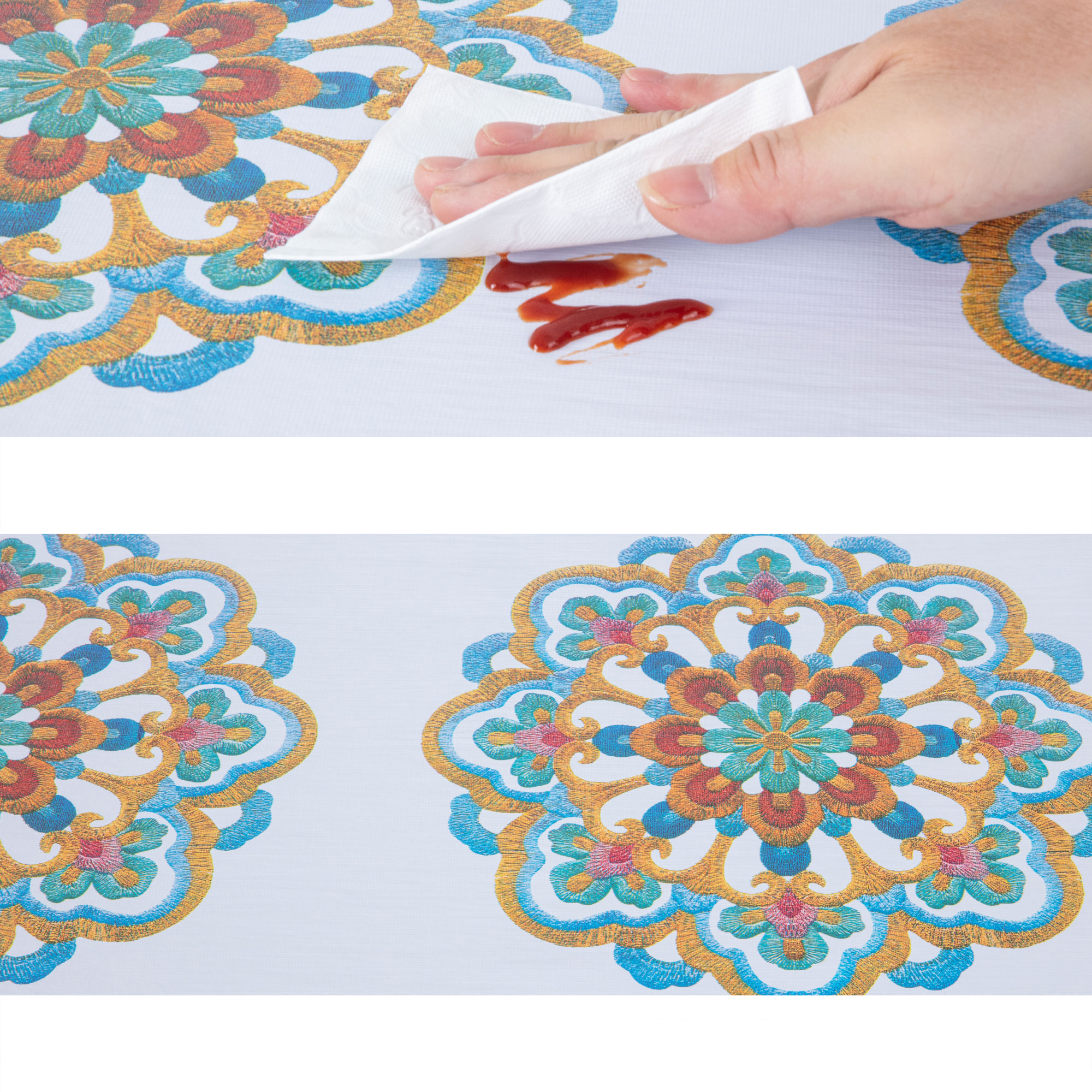 Прямоугольная скатерть PVC бежевого цвета с синими цветами