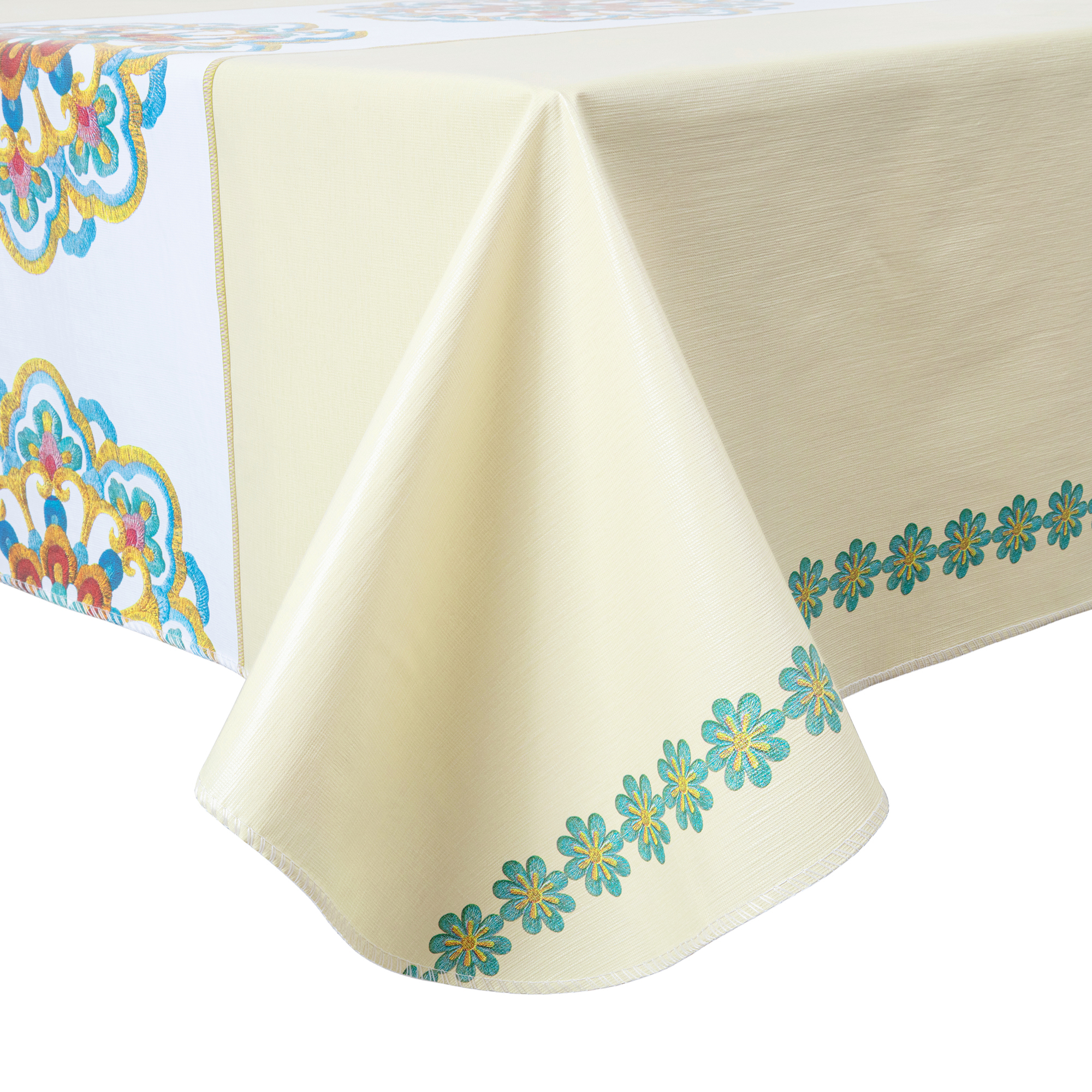 Прямоугольная скатерть PVC бежевого цвета с синими цветами