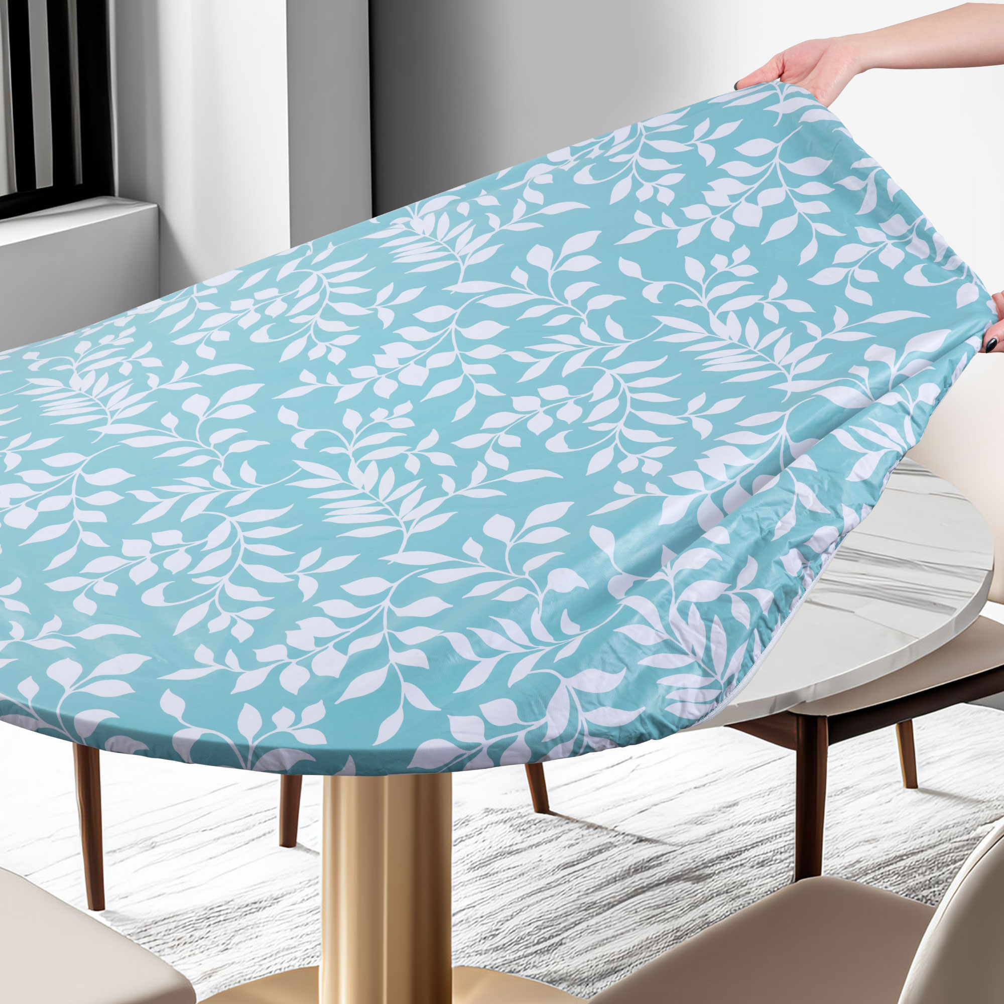 Круглая ПВХ-скатерть с синими листьями, водонепроницаемая