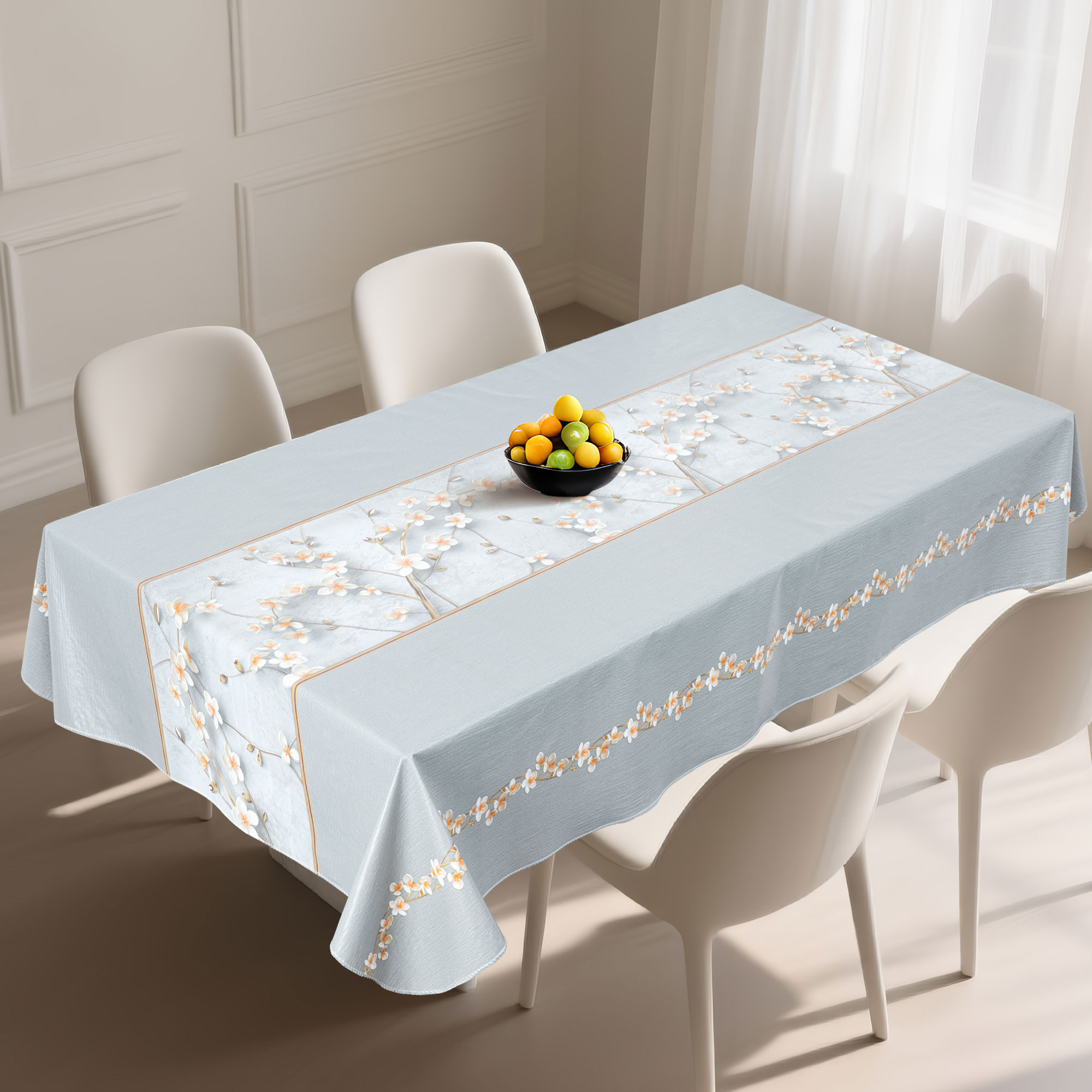 Скатерть PVC прямоугольная серо-синие цветы сливы