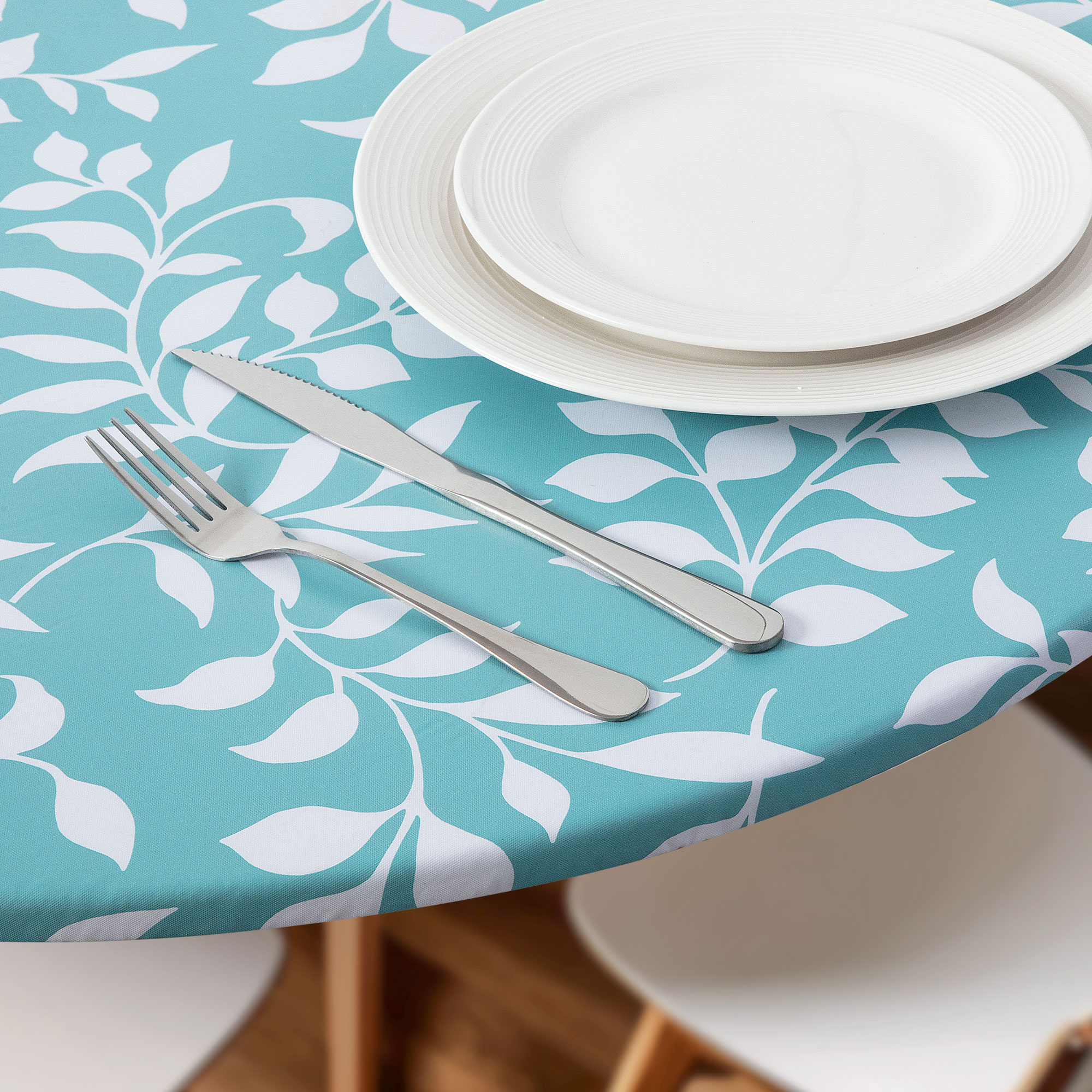 Круглая ПВХ-скатерть с синими листьями, водонепроницаемая