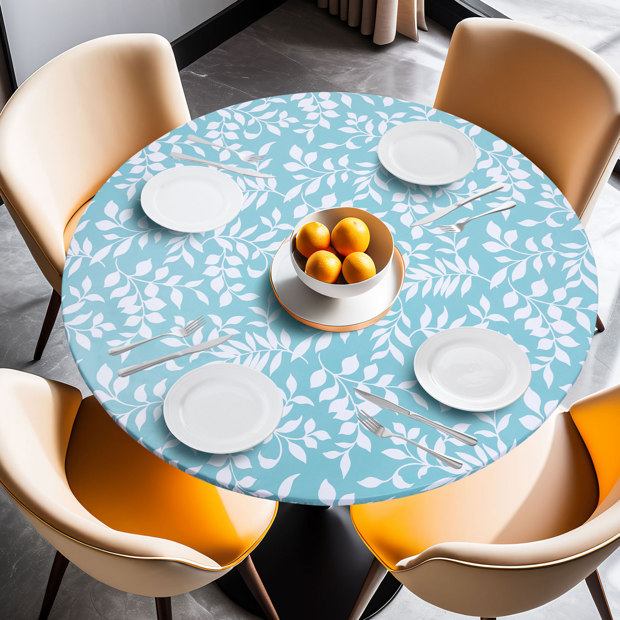 Круглая ПВХ-скатерть с синими листьями, водонепроницаемая